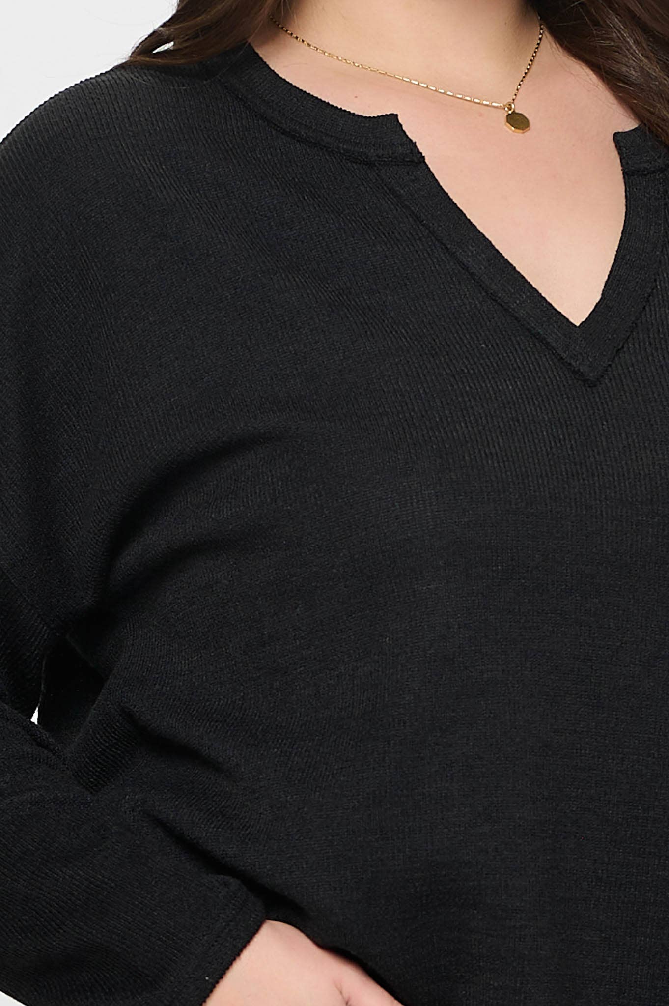 Plus | Black Solid Notch Neck Long Sleeve