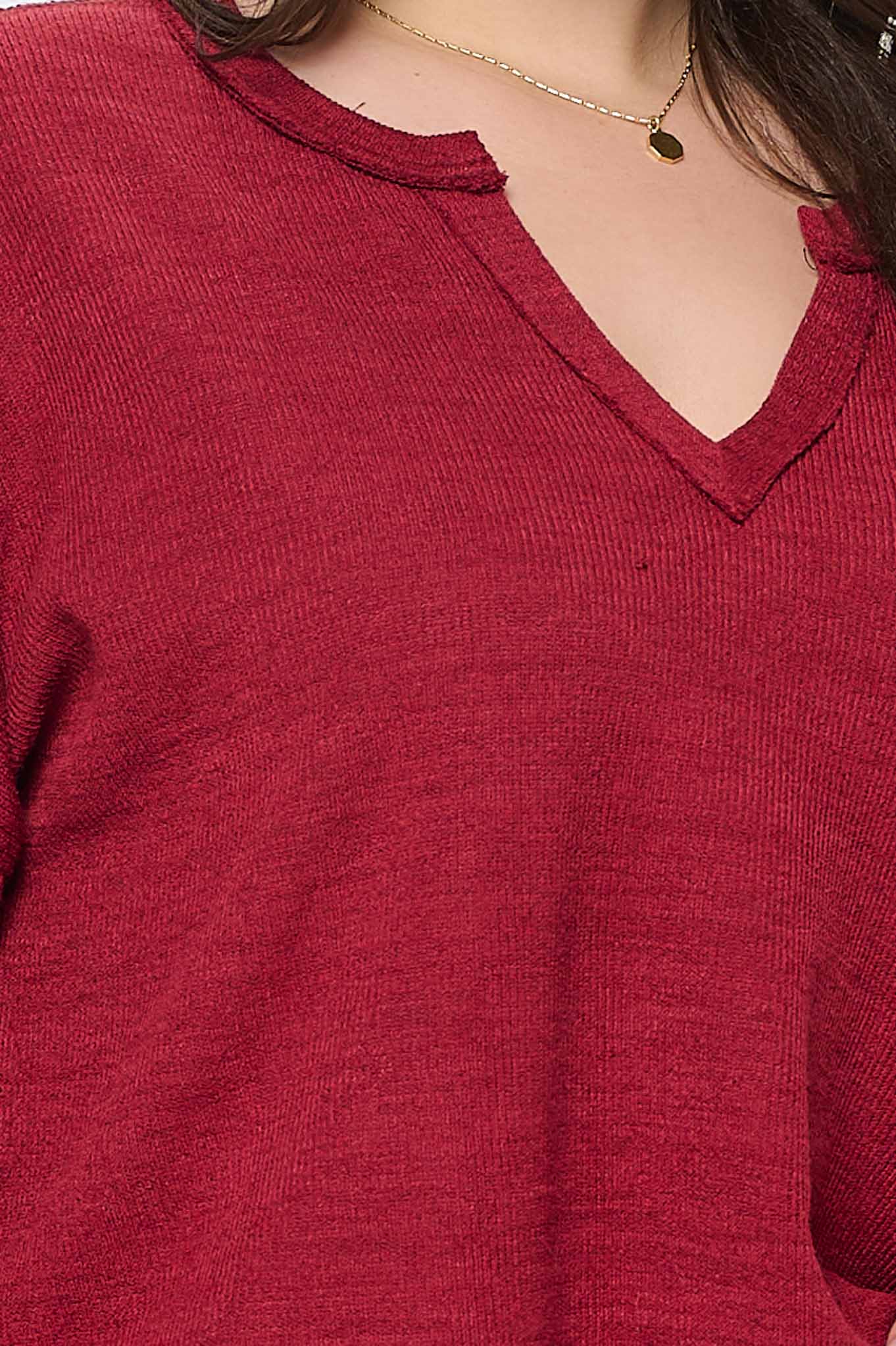 Plus | Burgundy Solid Notch Neck Long Sleeve