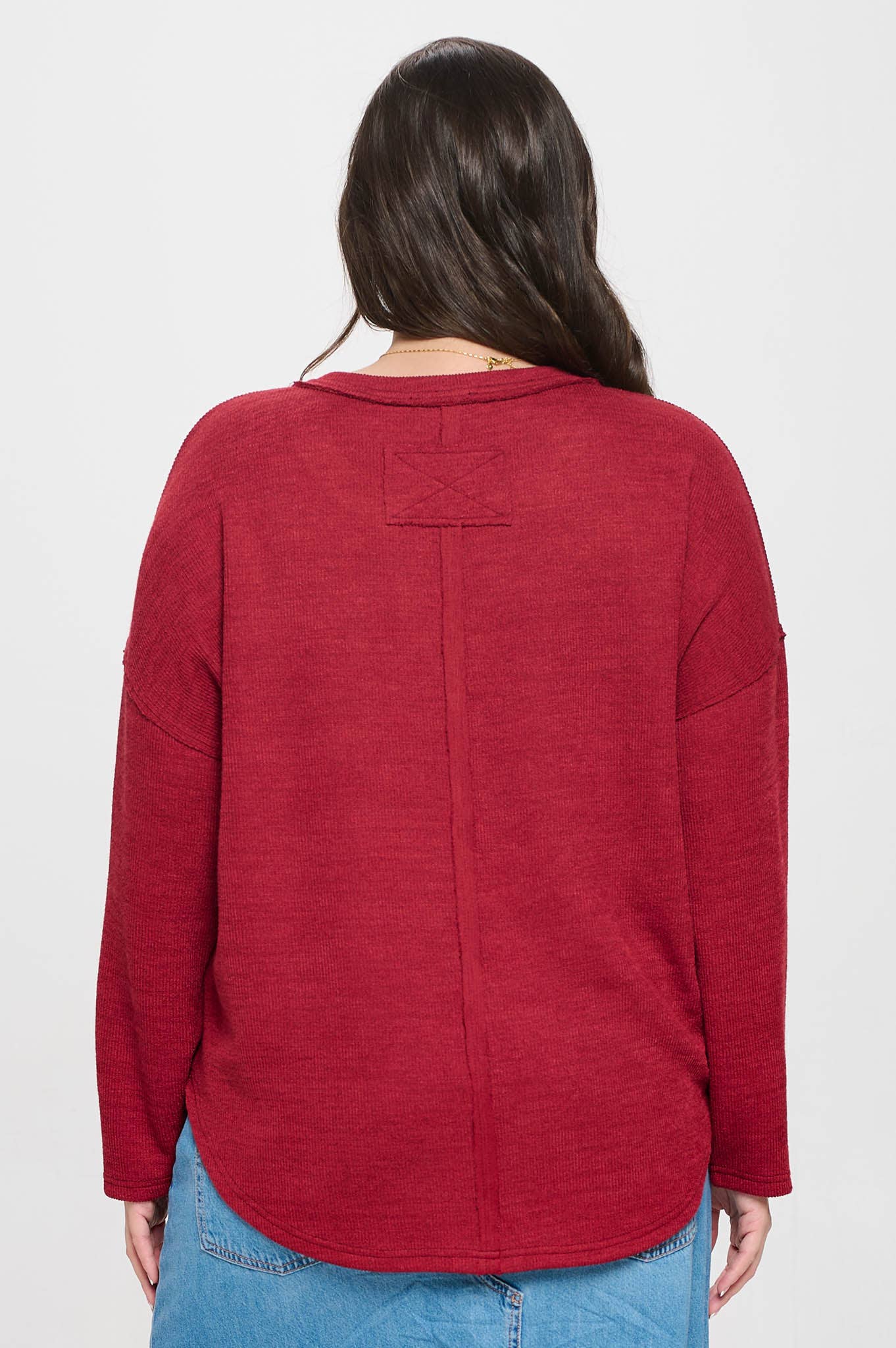 Plus | Burgundy Solid Notch Neck Long Sleeve