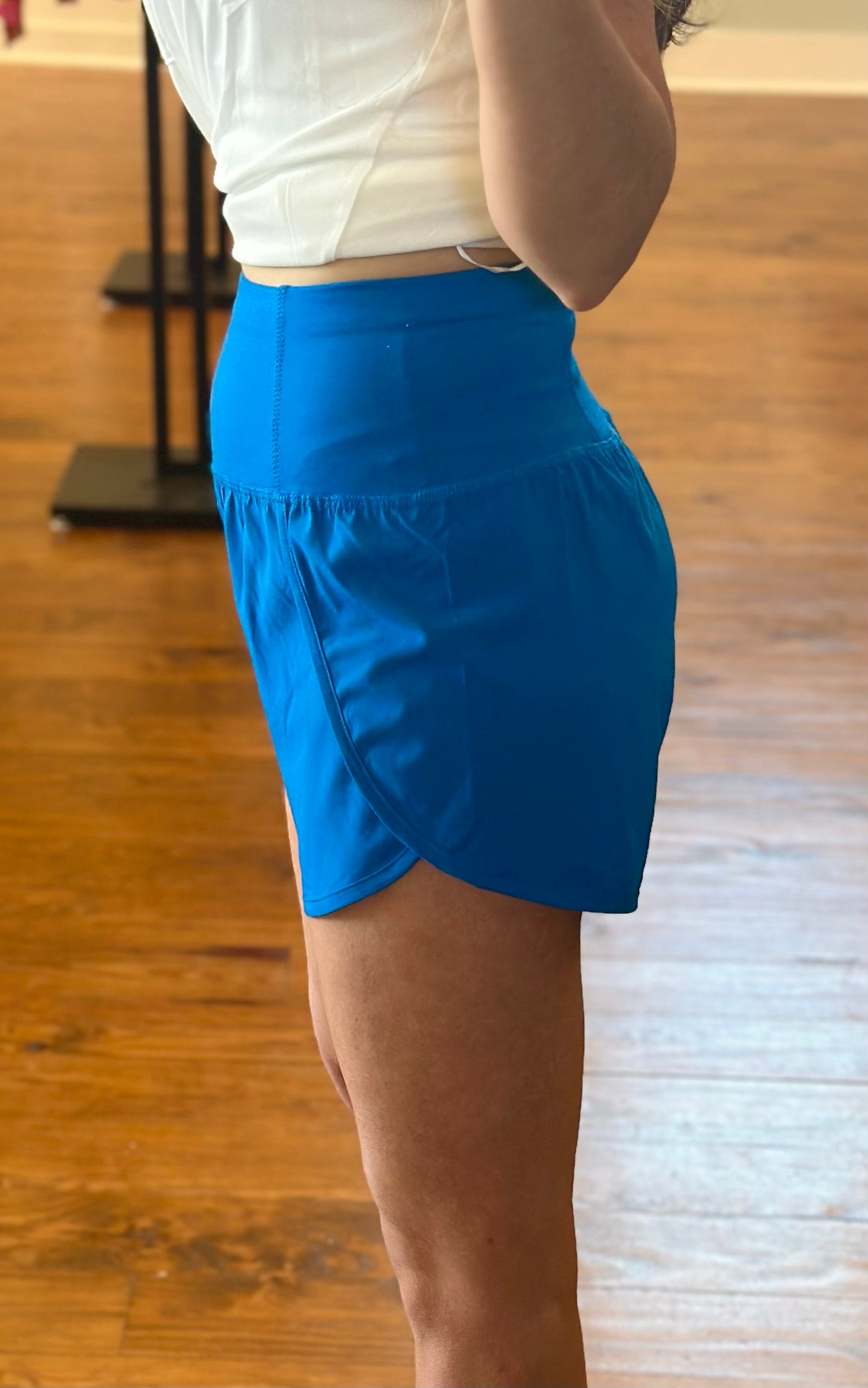 Blue High Waisted Zippered Back Pocket Running Shorts