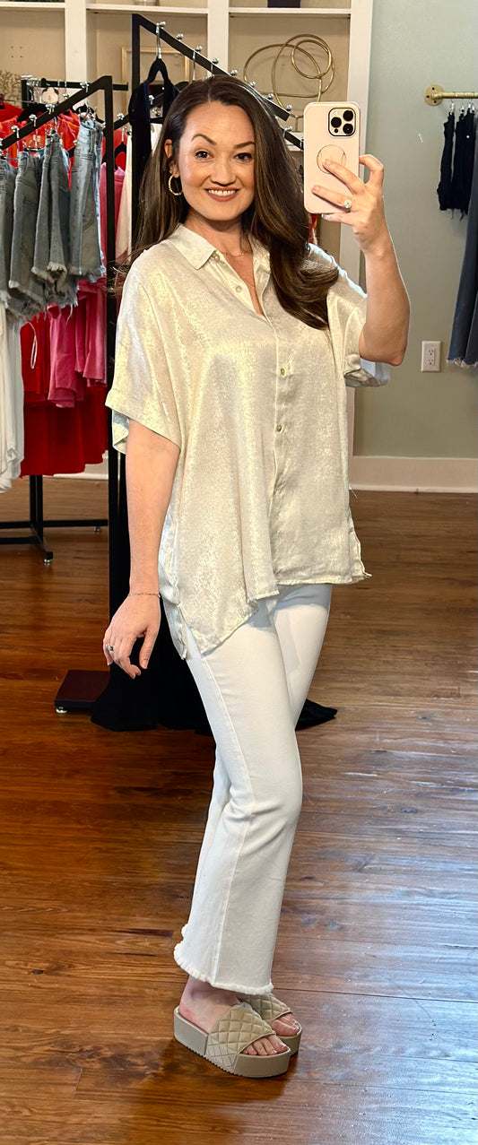 Button Down Metallic Woven Blouse