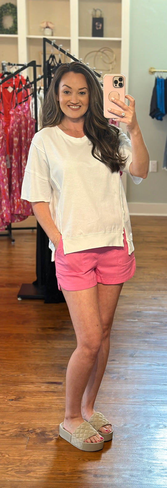 Pink Solid Linen Shorts