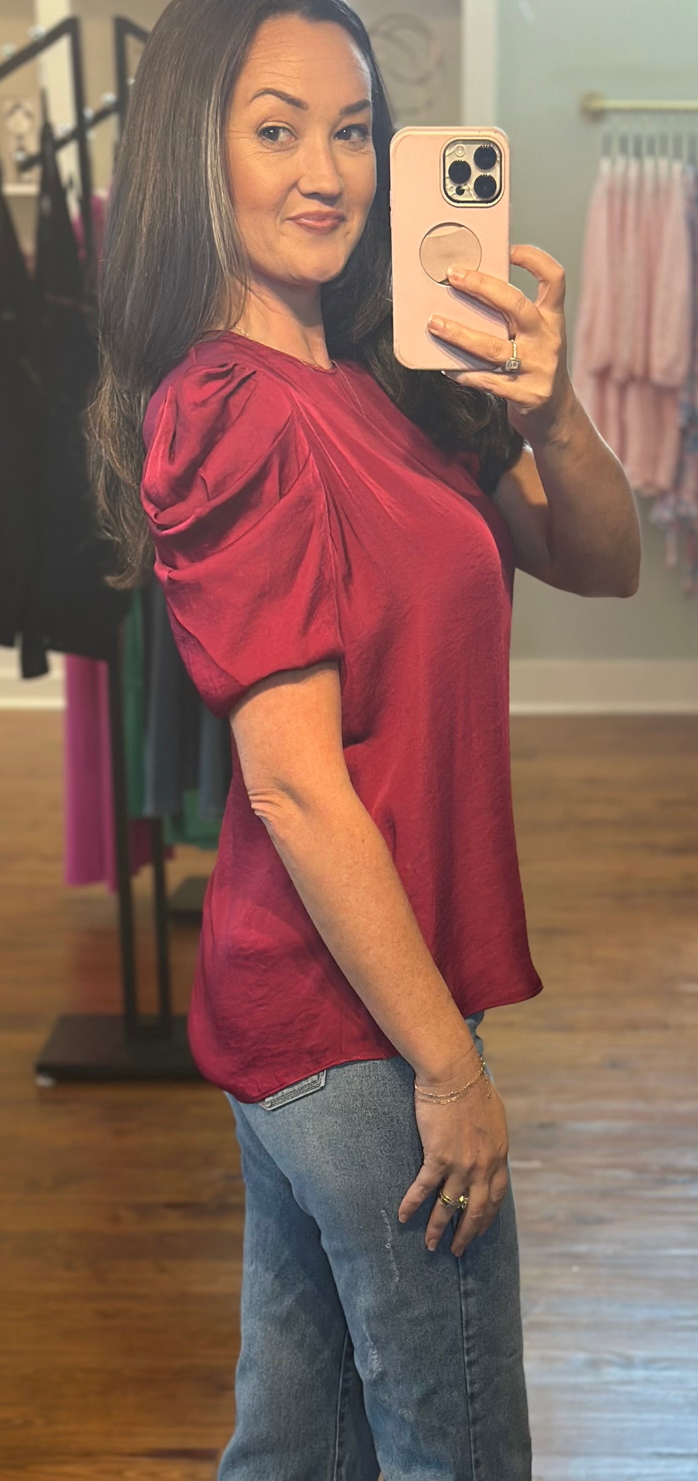 Maroon/Crimson Draped Sleeve Blouse