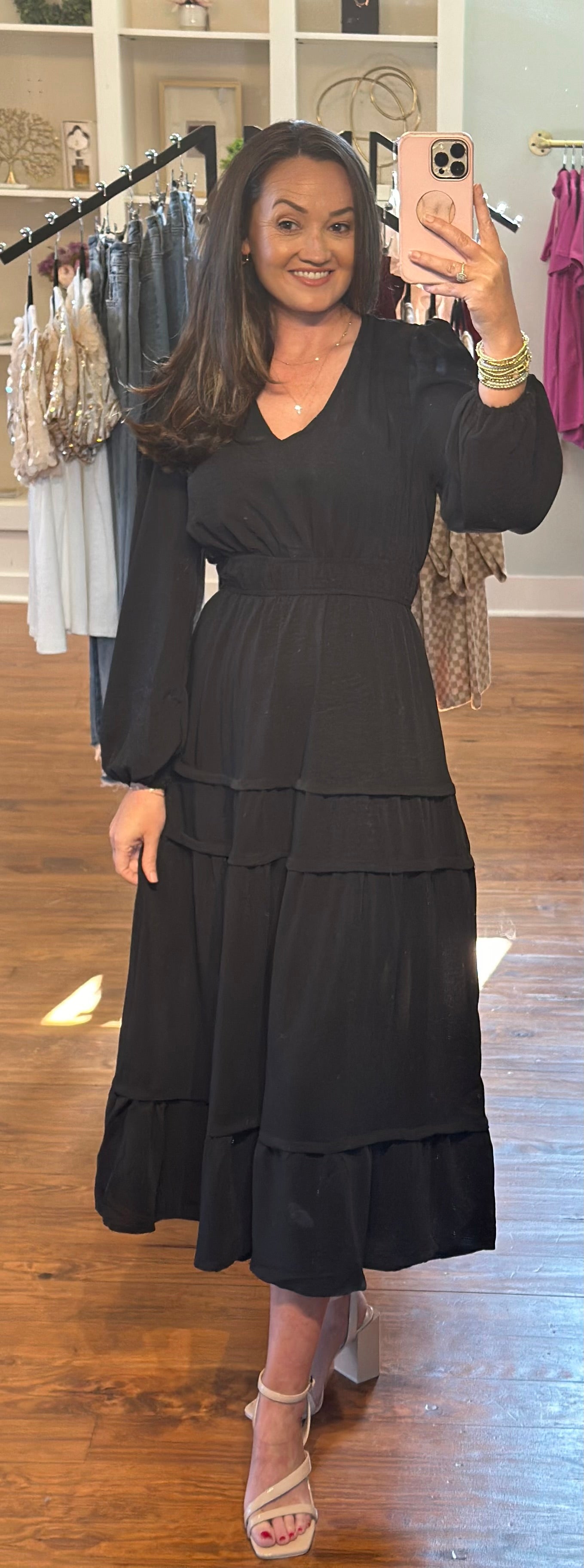 Black Ruched V Neck Long Sleeve Tiered Midi Dress