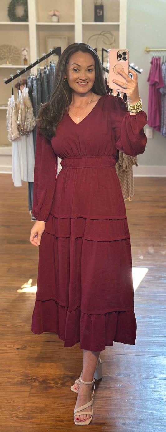 Burgundy Ruched V Neck Long Sleeve Tiered Midi Dress