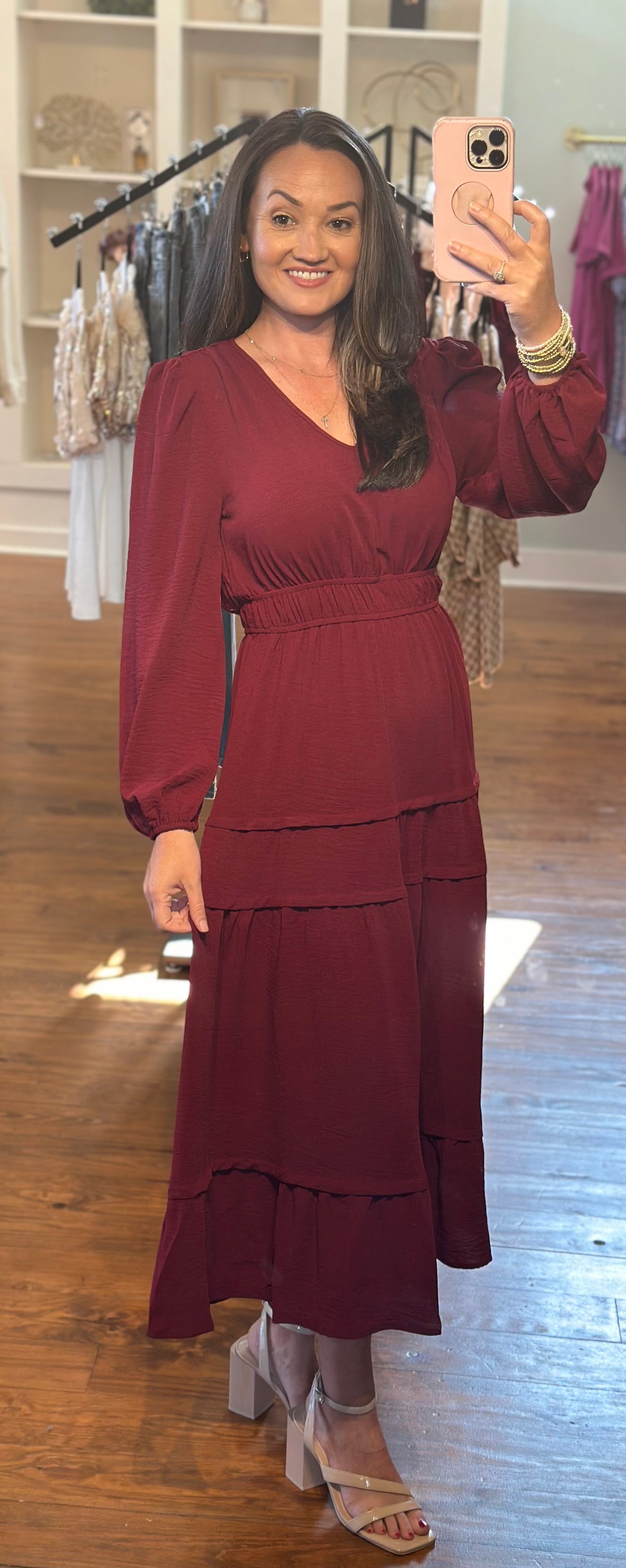 Burgundy Ruched V Neck Long Sleeve Tiered Midi Dress