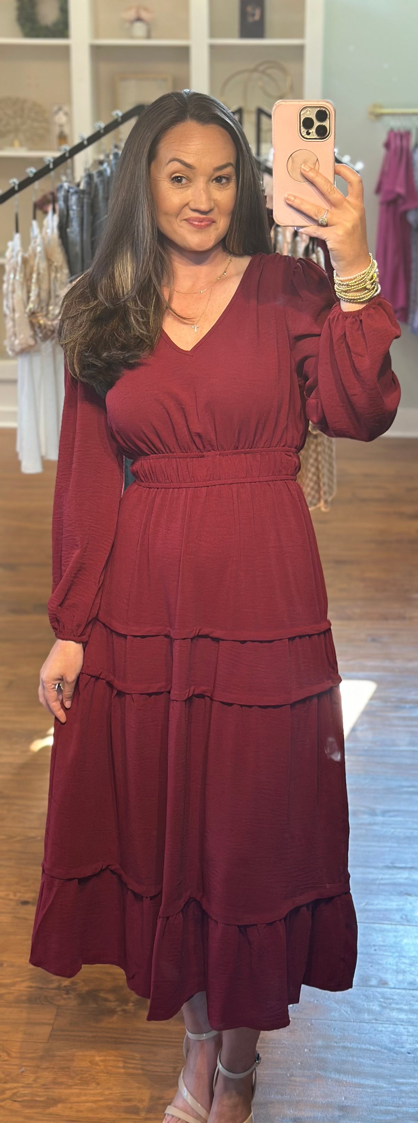 Burgundy Ruched V Neck Long Sleeve Tiered Midi Dress