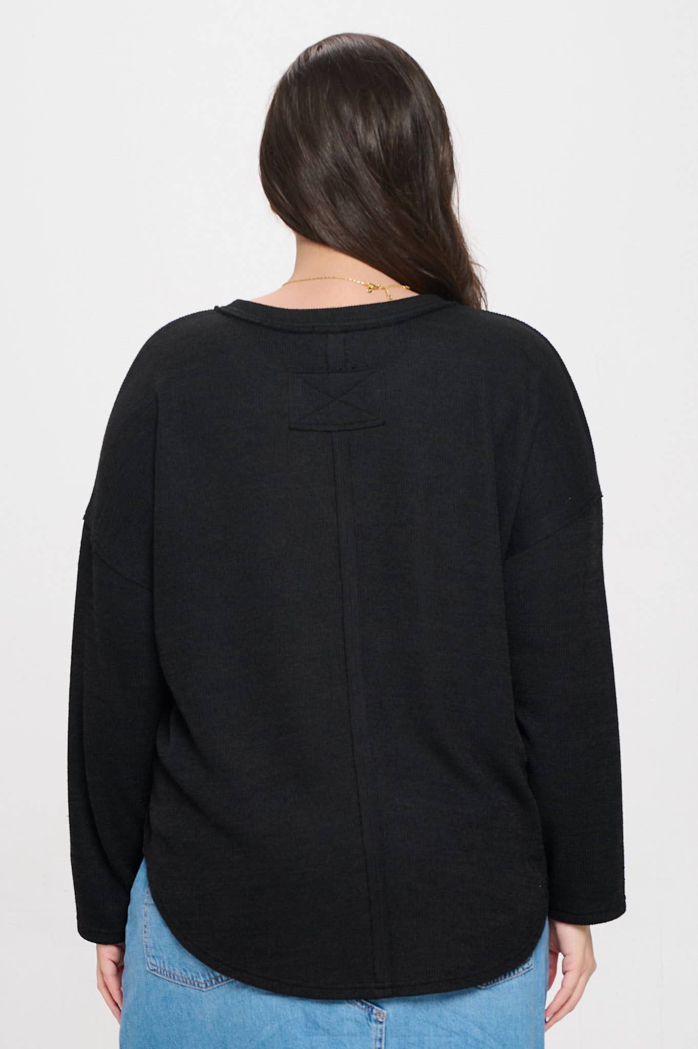 Plus | Black Solid Notch Neck Long Sleeve